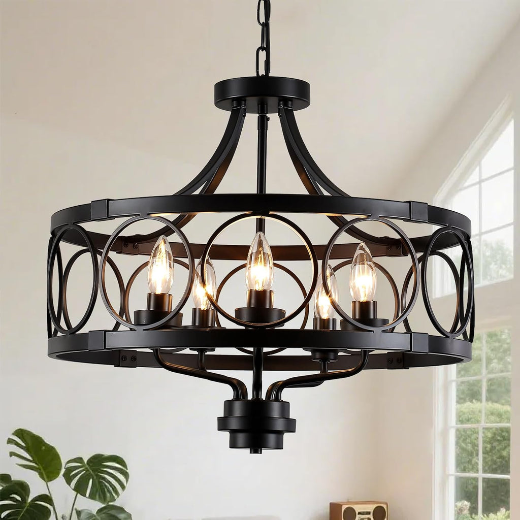 5-Light Black Farmhouse Drum Chandelier