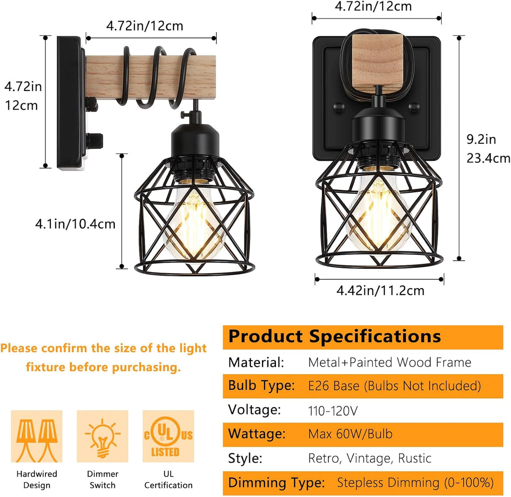 4 Pack Farmhouse Wood Metal Cage Dimmable Wall Sconces