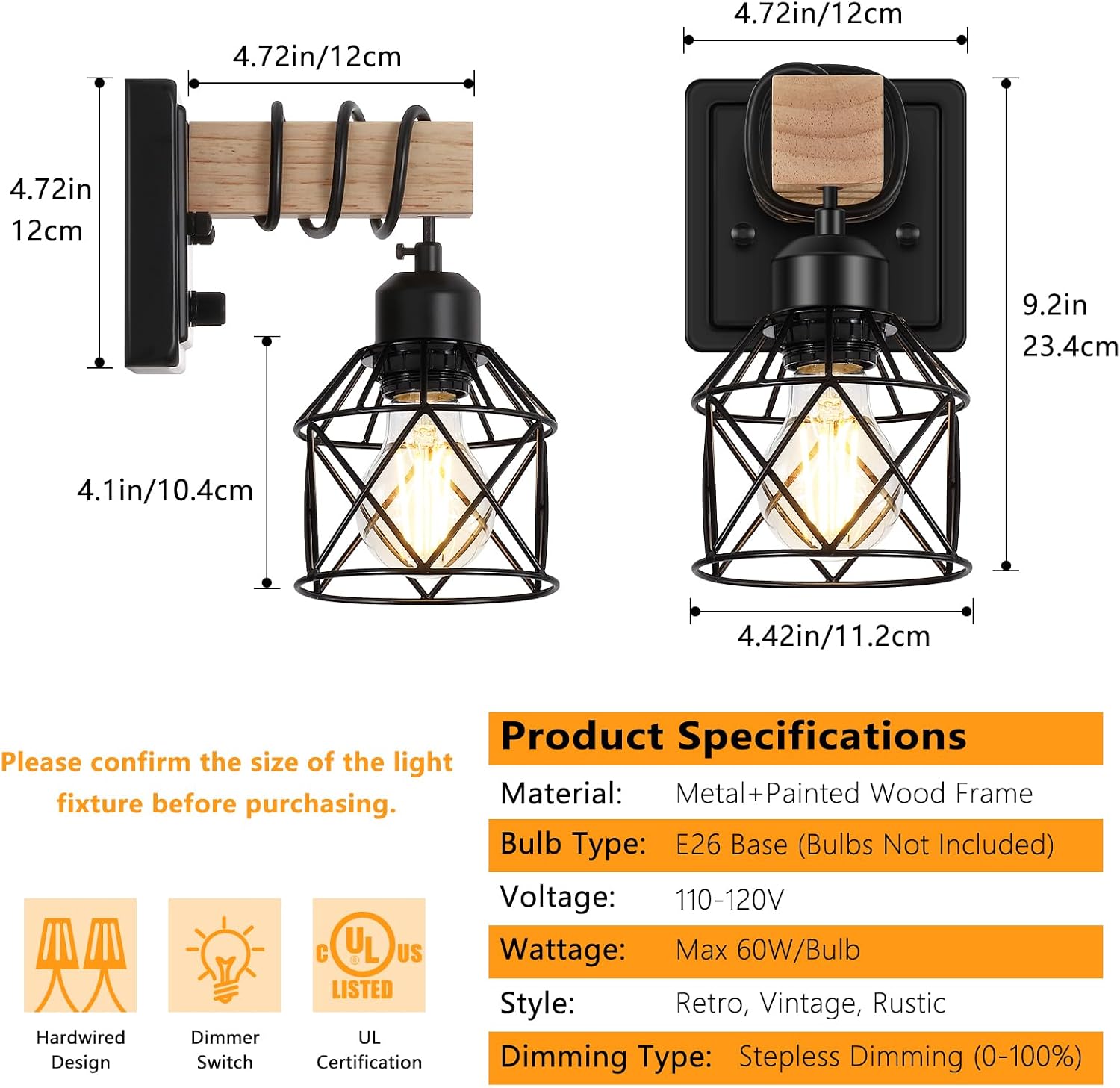 4 Pack Farmhouse Wood Metal Cage Dimmable Wall Sconces