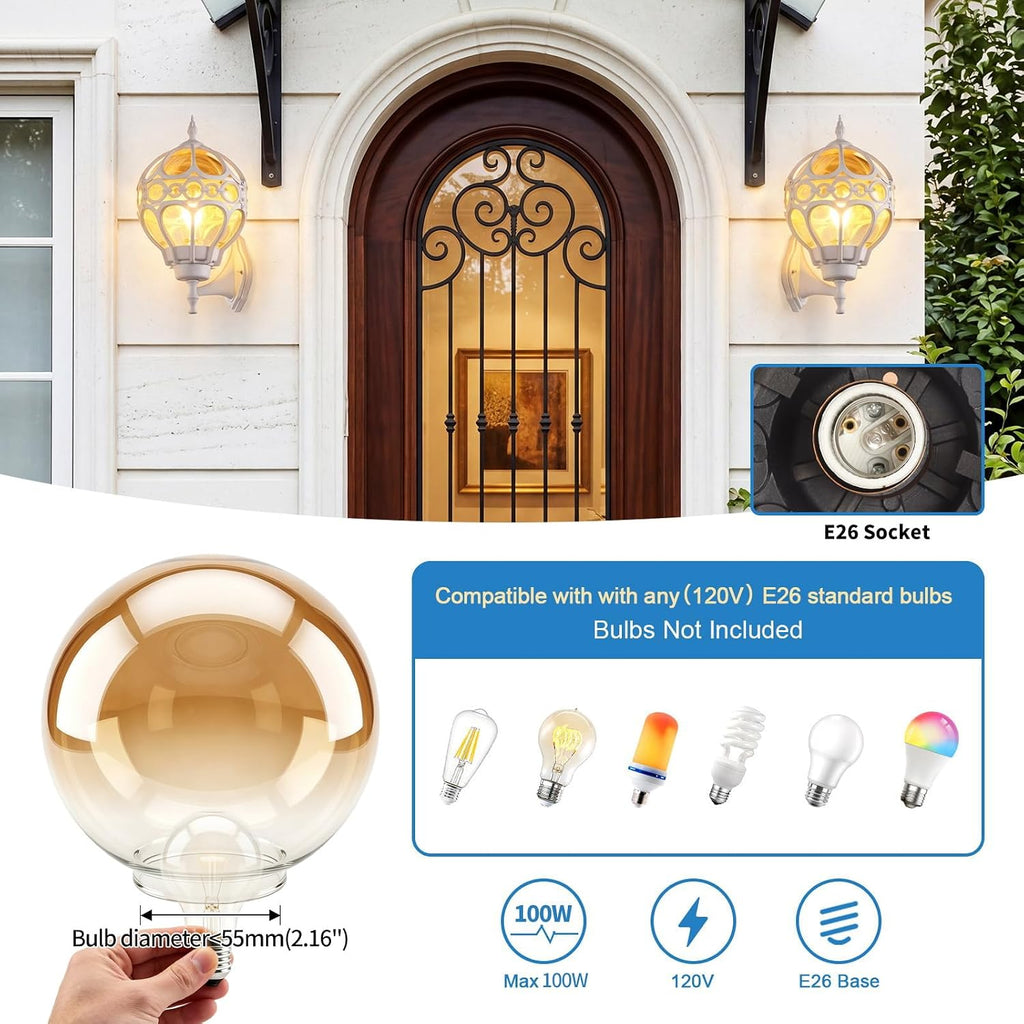 2 Pack White Globe Amber Glass Cage Outdoor Wall Sconces