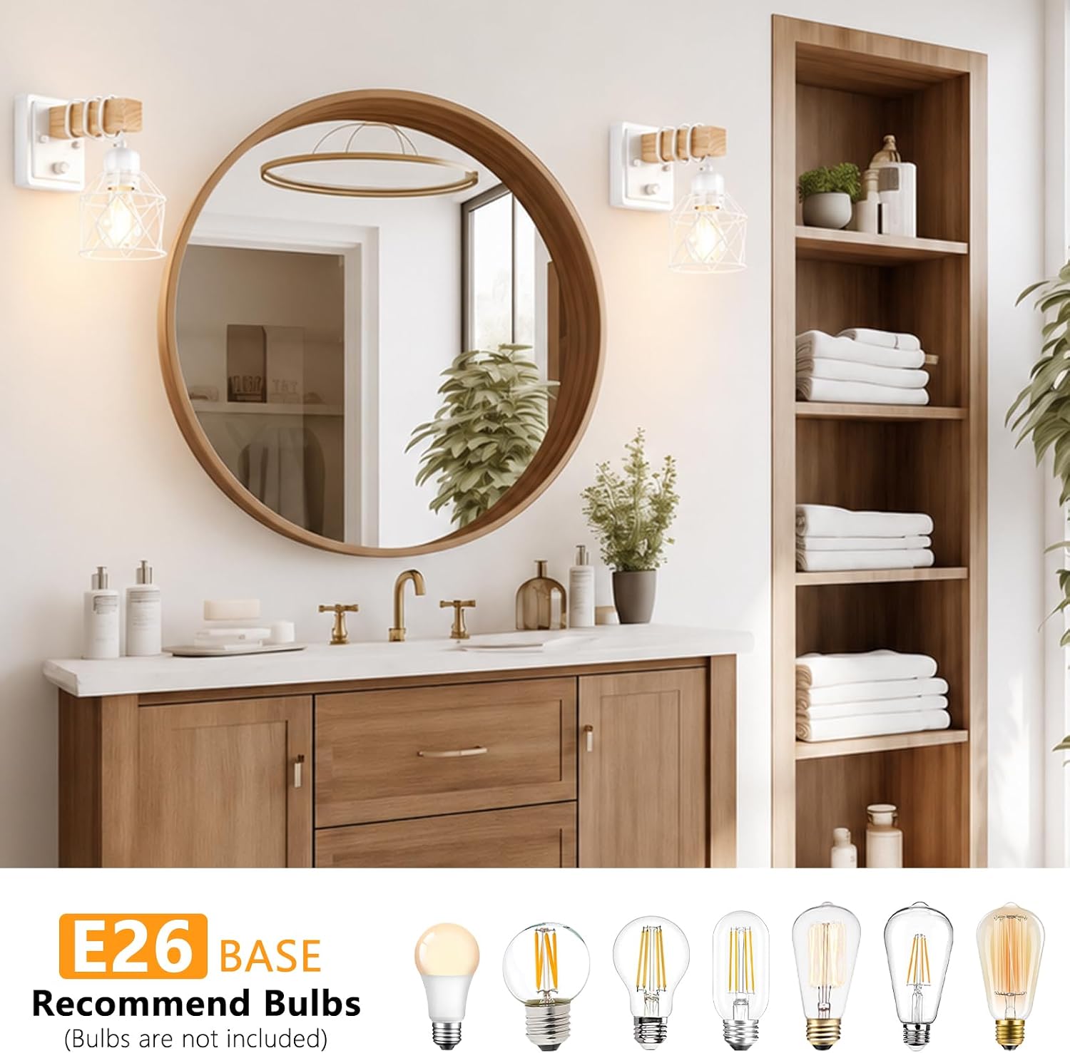 2 Pack Farmhouse Wood Arm White Dimmable Wall Sconces