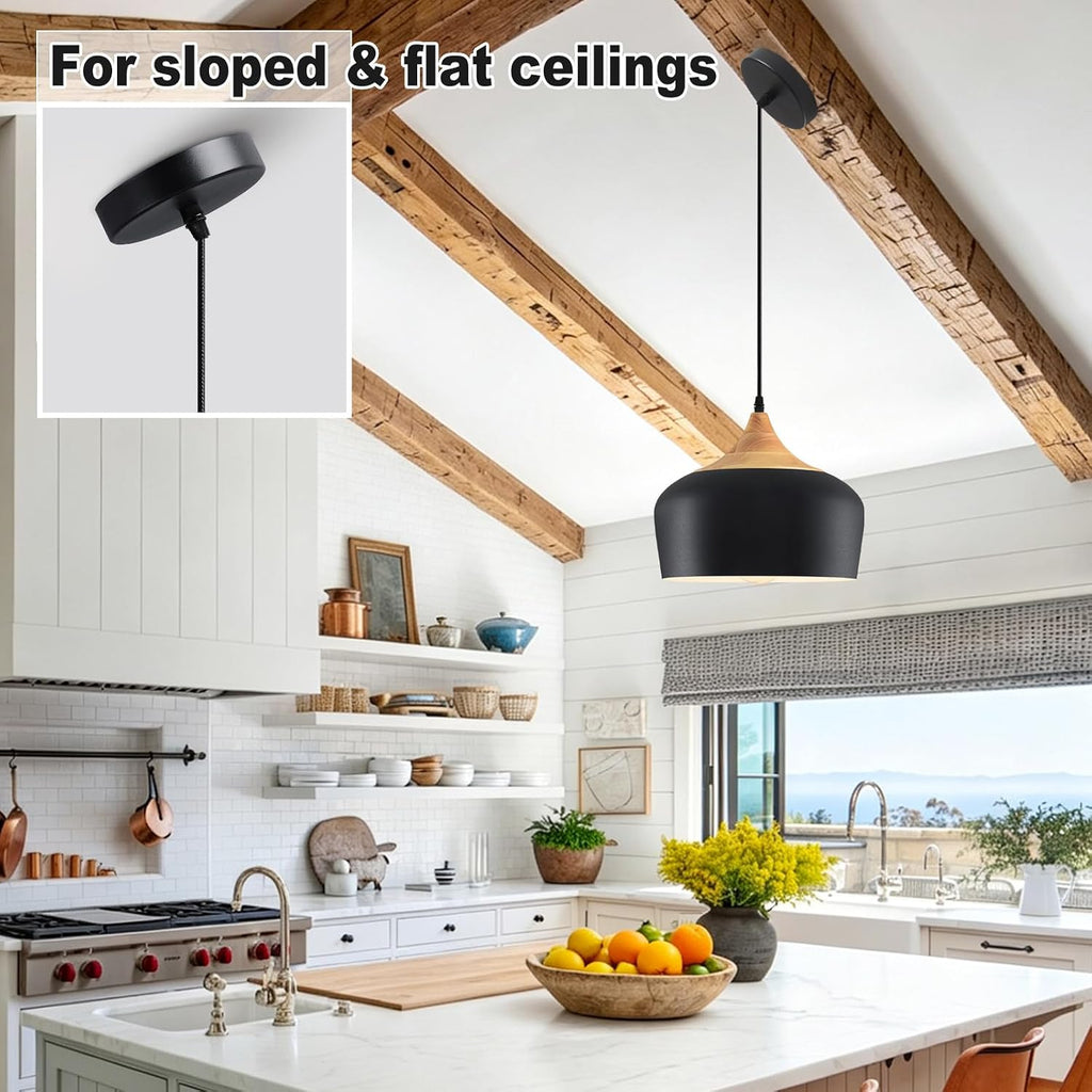 Black Wooden Dome Kitchen Pendant Light