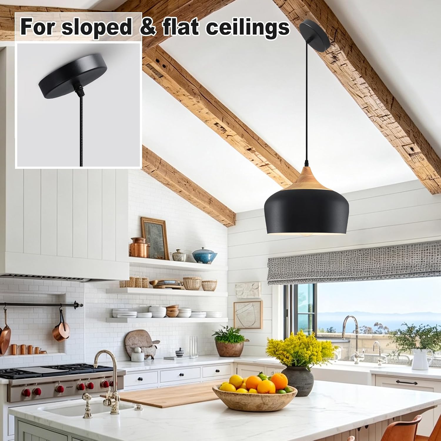 Black Wooden Dome Kitchen Pendant Light