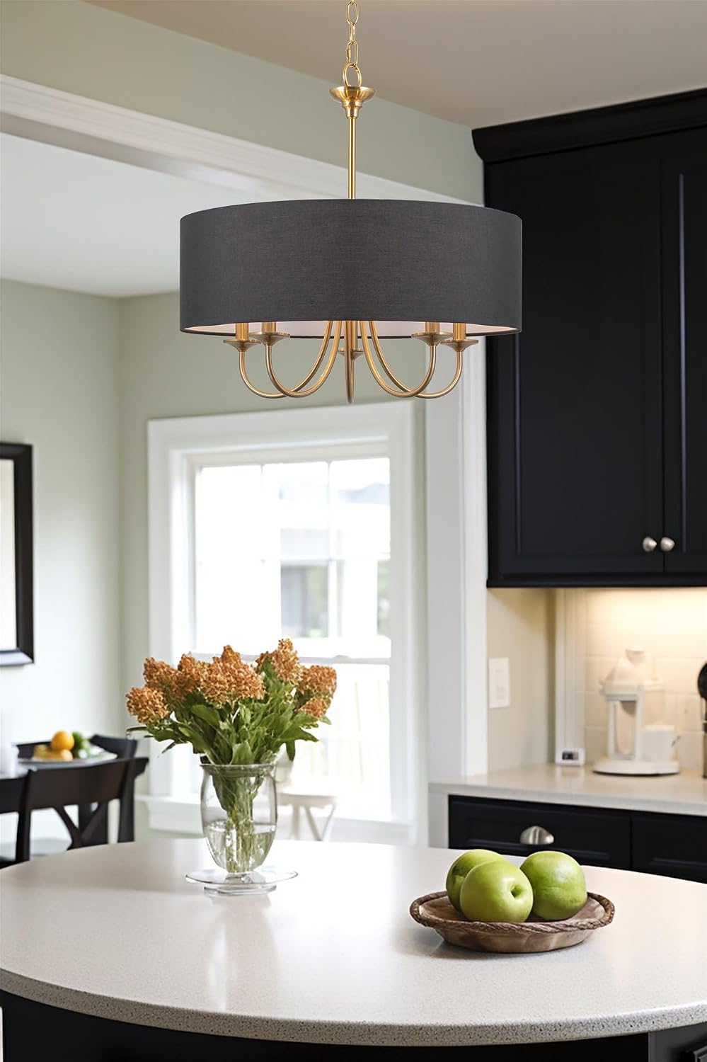 5-Light Cool Brass Black Linen Drum Chandelier