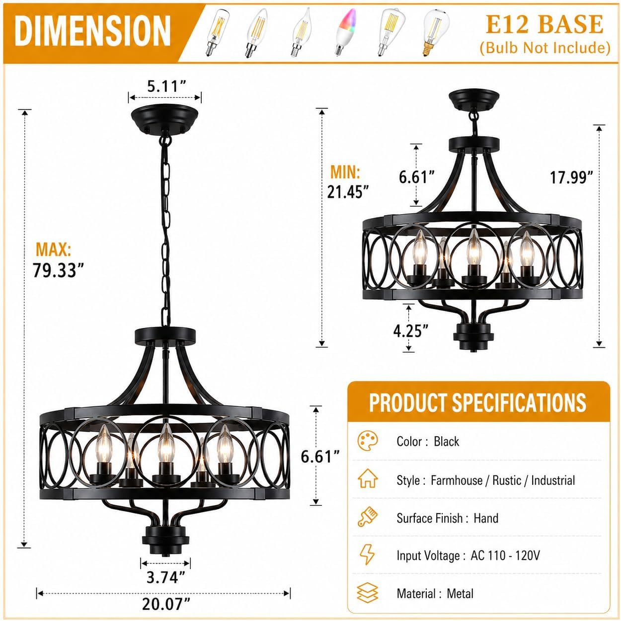 5-Light Black Farmhouse Drum Chandelier