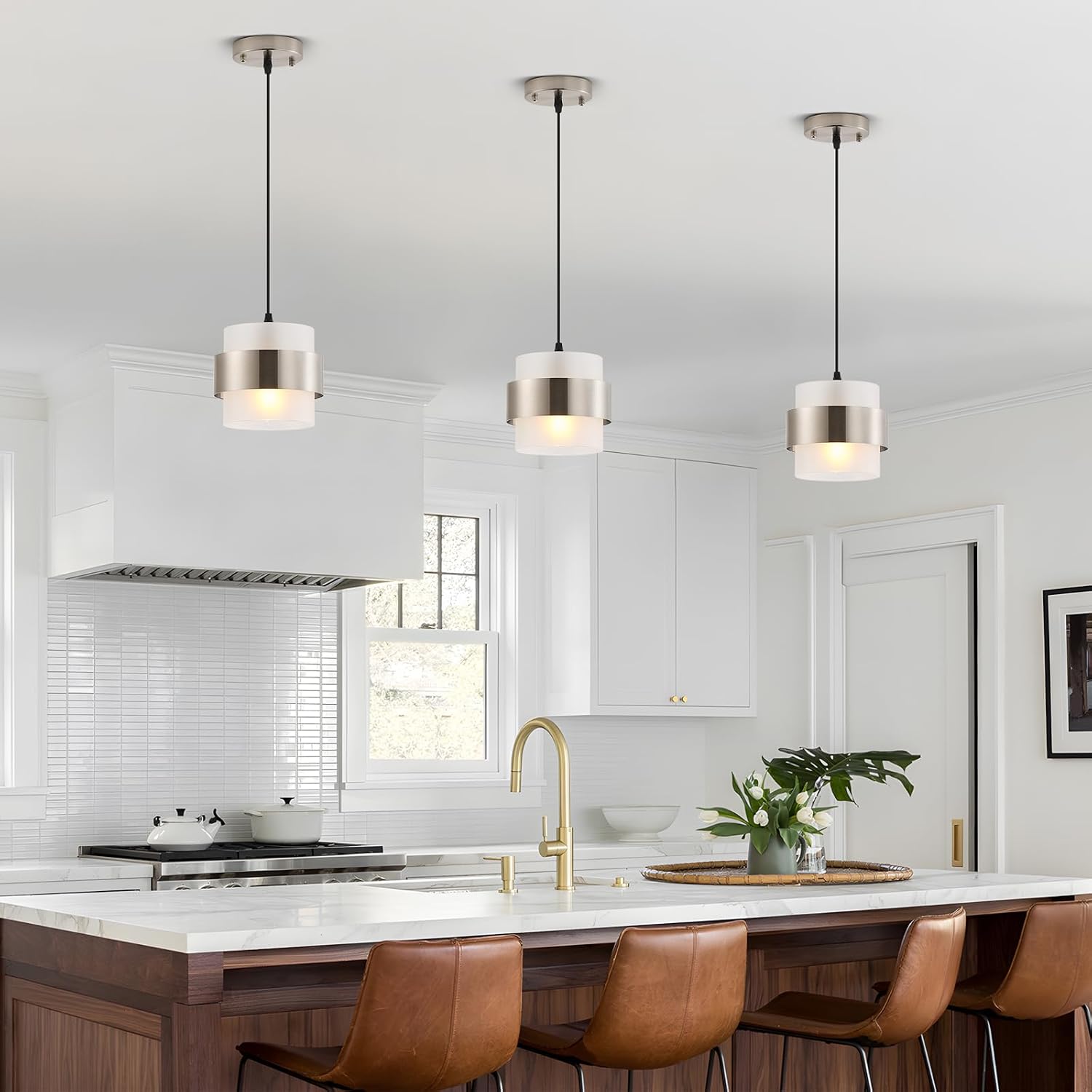 2 Pack Brushed Nickel Frosted Glass Mini Pendant Lights