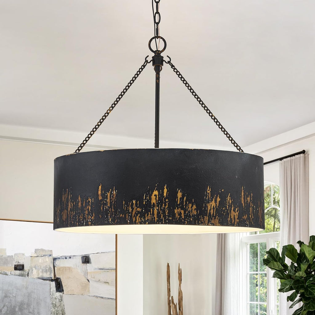 Matte Black Gold 6-Light 24" Drum Chandelier