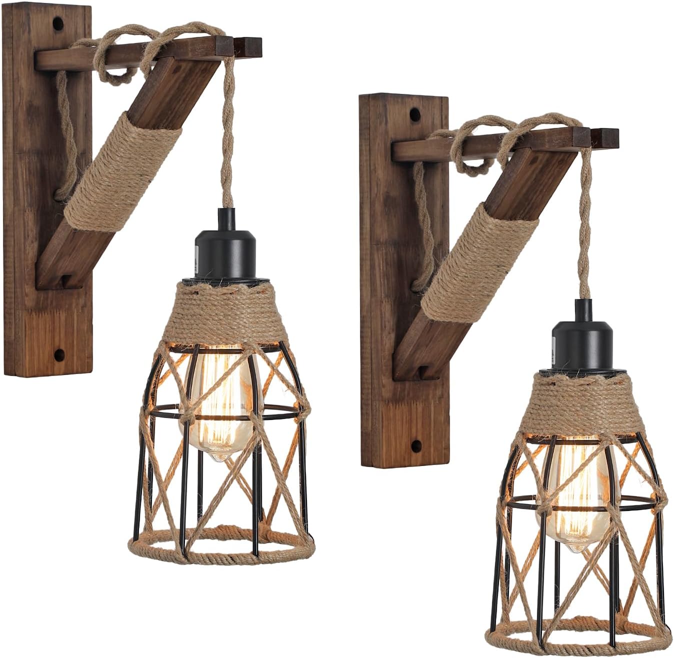 2 Pack Farmhouse Wood Bracket Metal Cage Wall Sconces