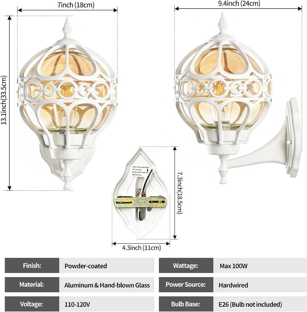 2 Pack White Globe Amber Glass Cage Outdoor Wall Sconces
