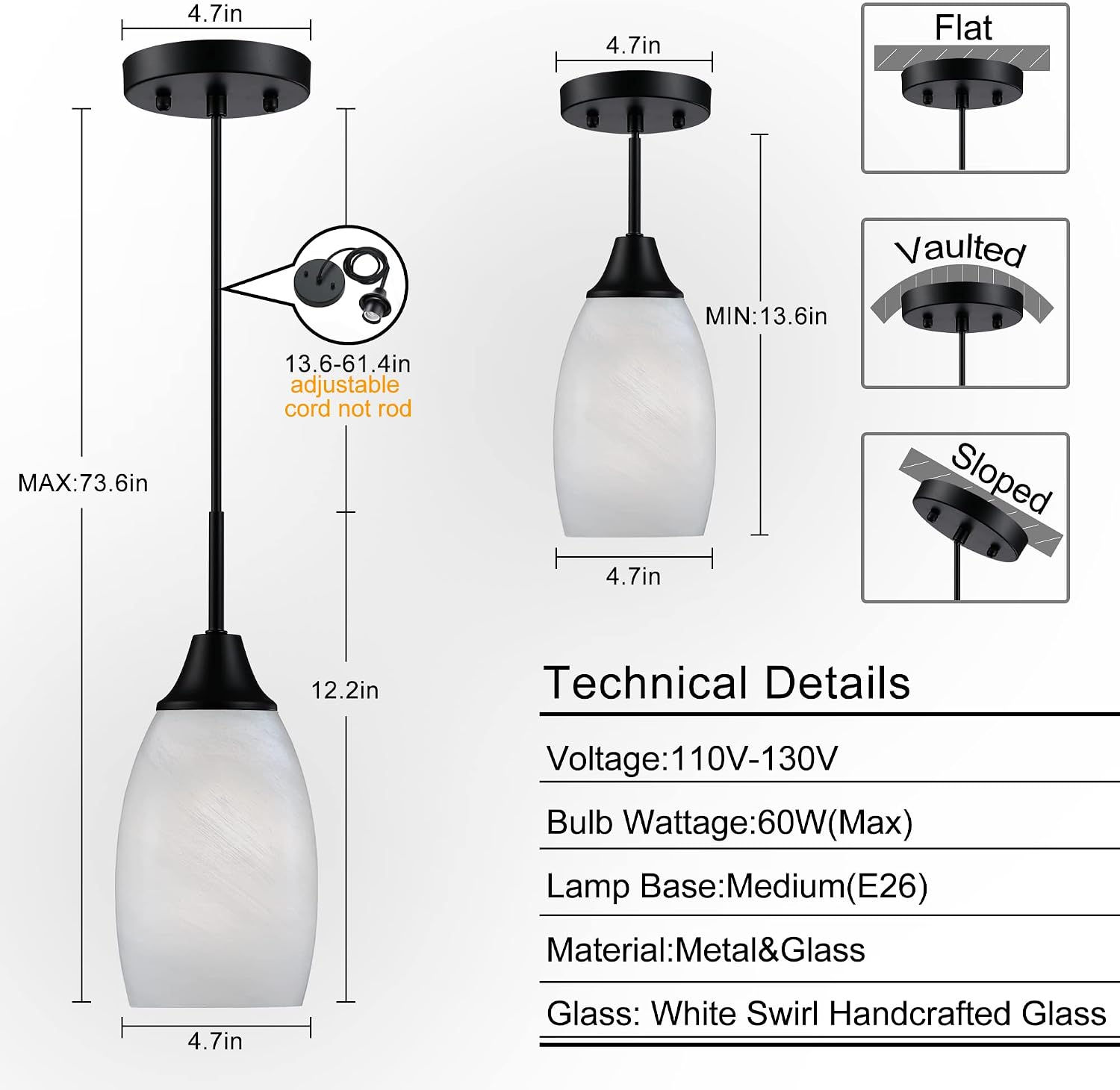 Matte Black Oval Handblown Glass Mini Pendant Light