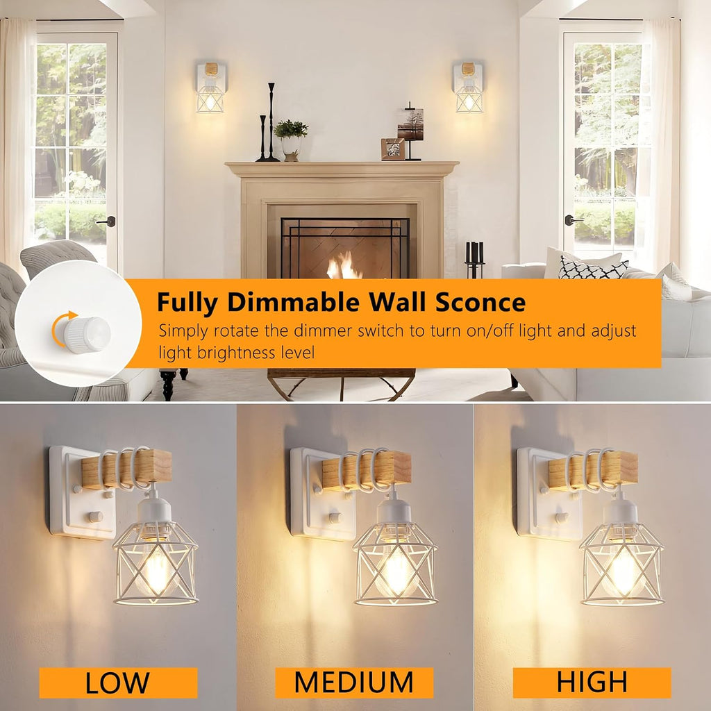 2 Pack Farmhouse Wood Arm White Dimmable Wall Sconces