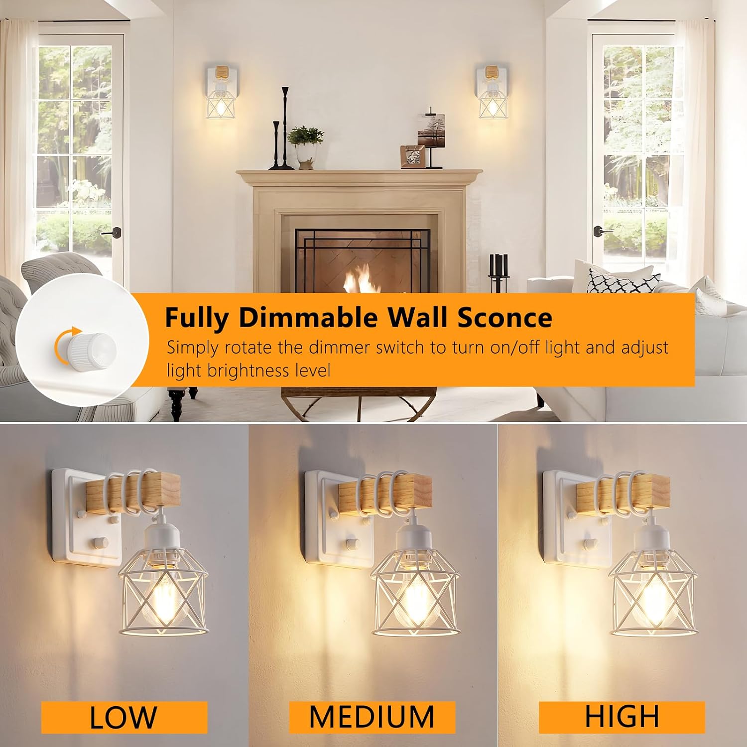 2 Pack Farmhouse Wood Arm White Dimmable Wall Sconces