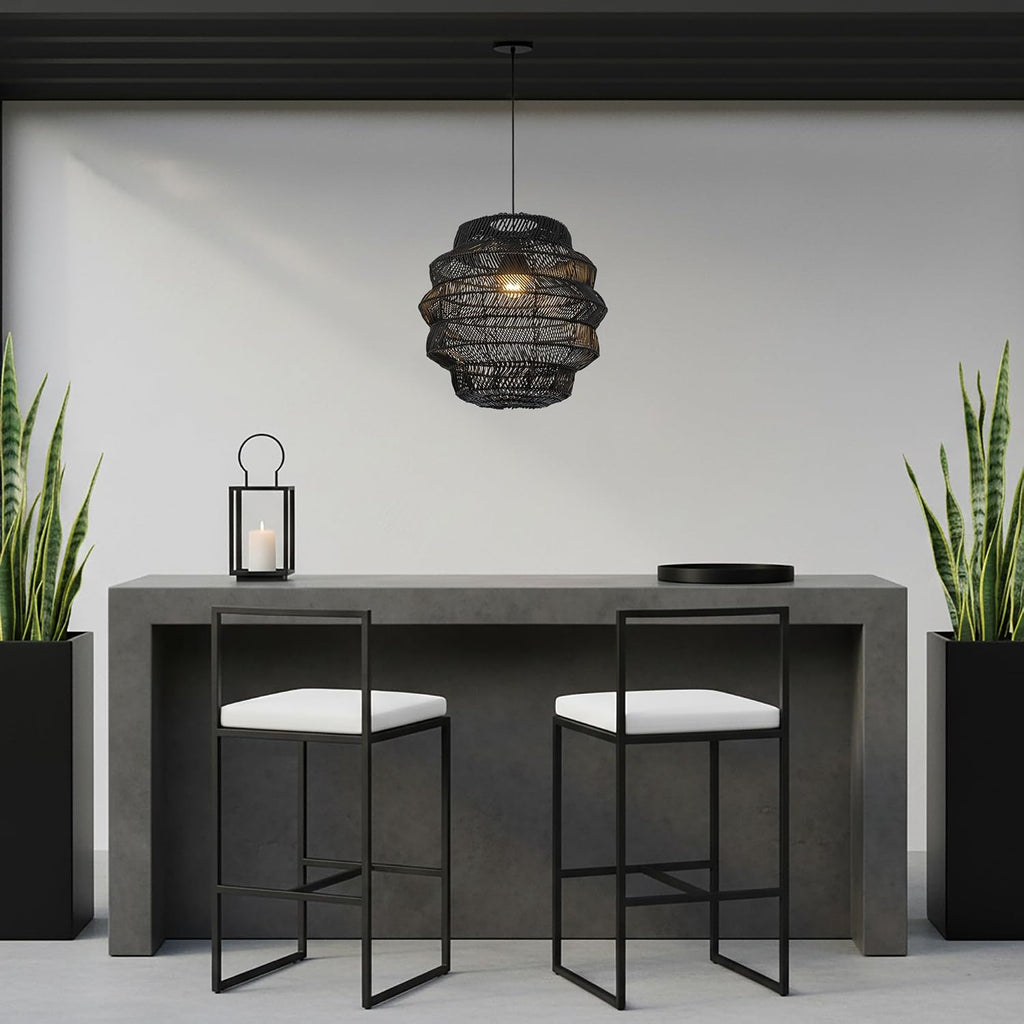 Matte Black Outdoor Tiered Rattan Pendant Light