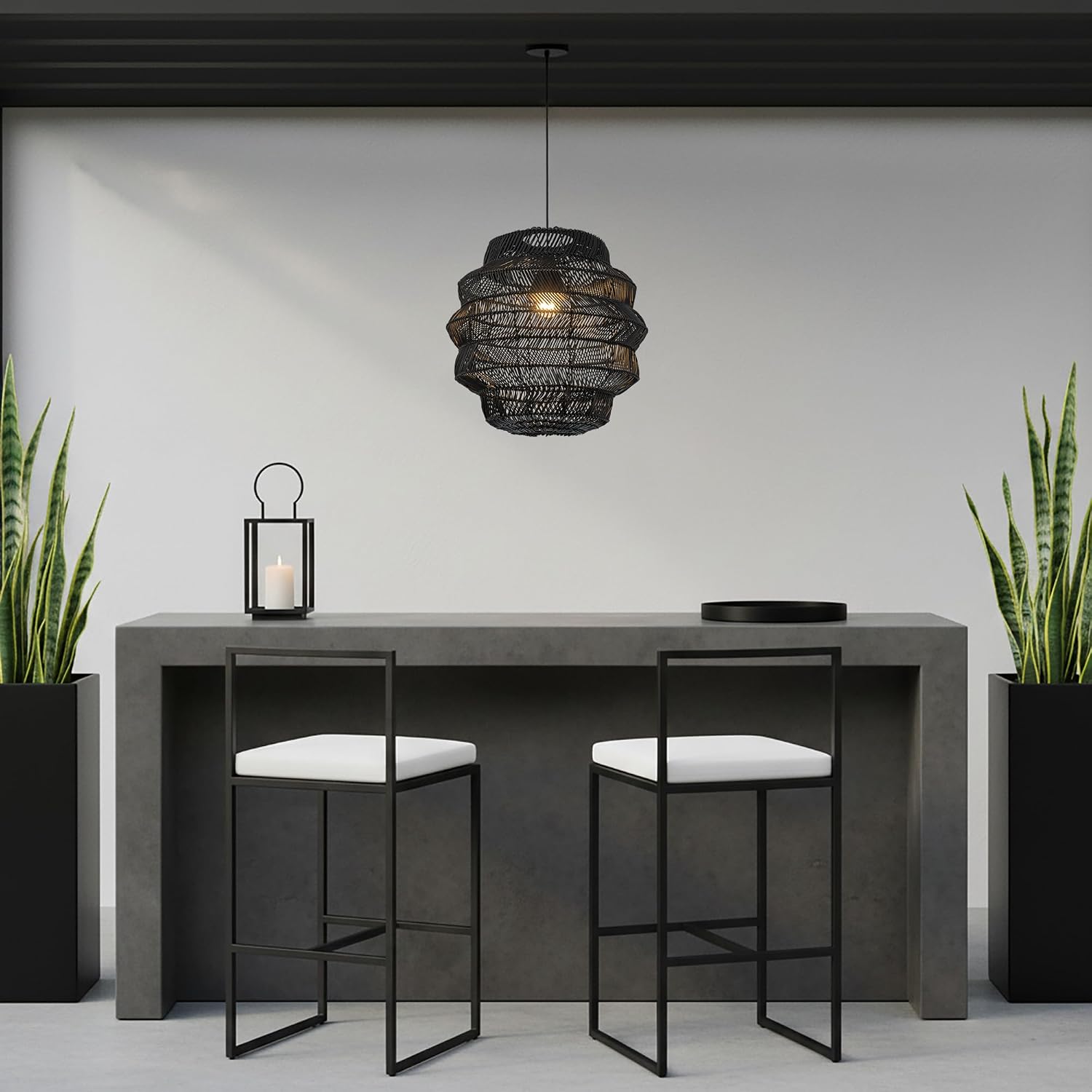 Matte Black Outdoor Tiered Rattan Pendant Light