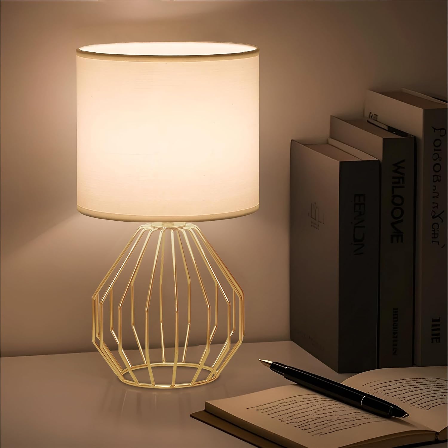 2 Pack Gold Geometric White Fabric Shade Table Lamps