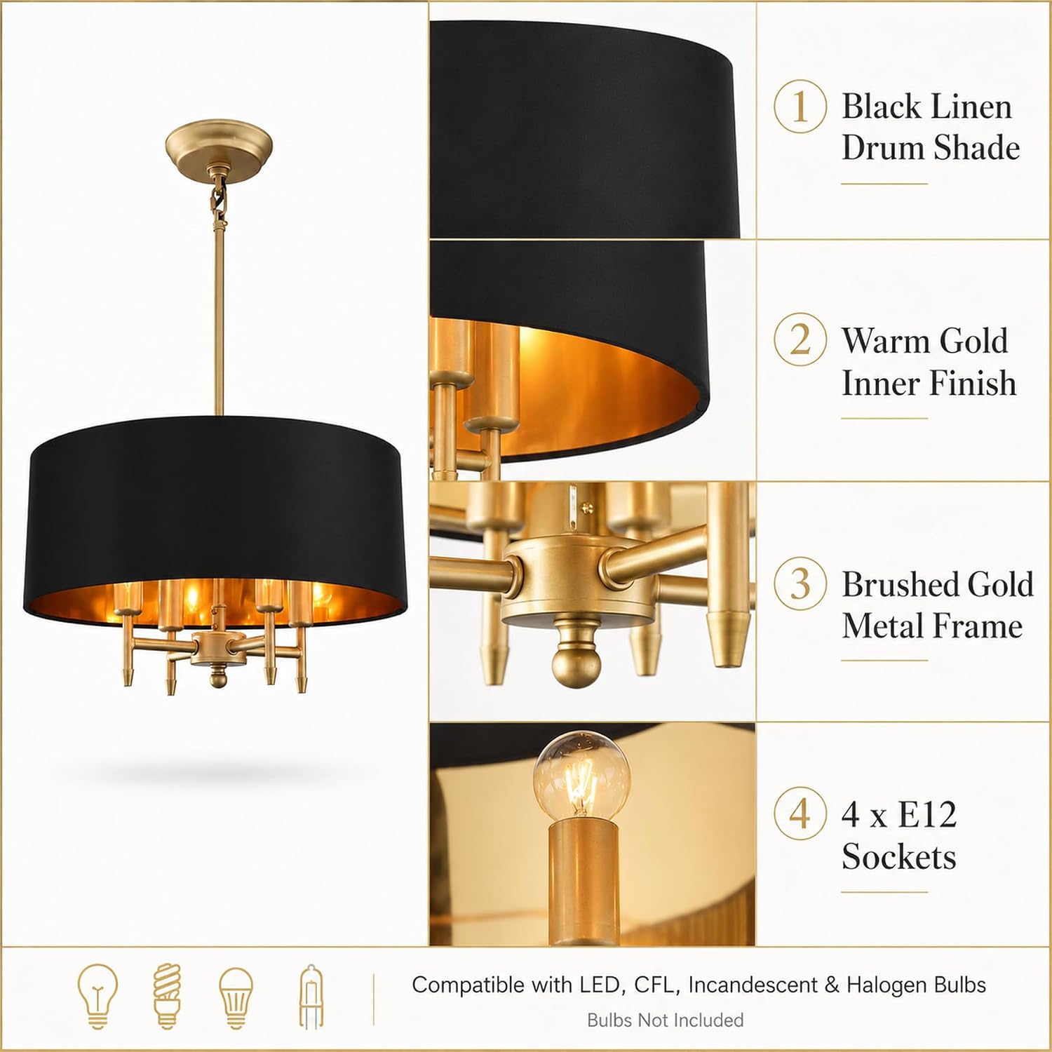 Gold Linen Drum 4-Light Chandelier