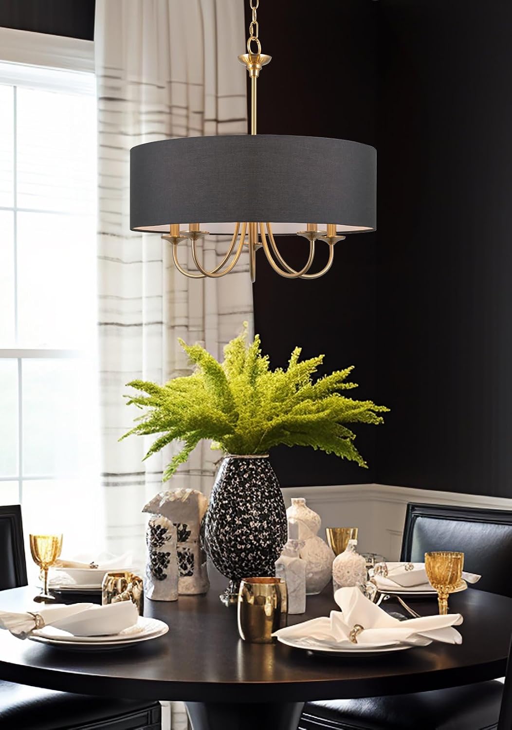 5-Light Cool Brass Black Linen Drum Chandelier