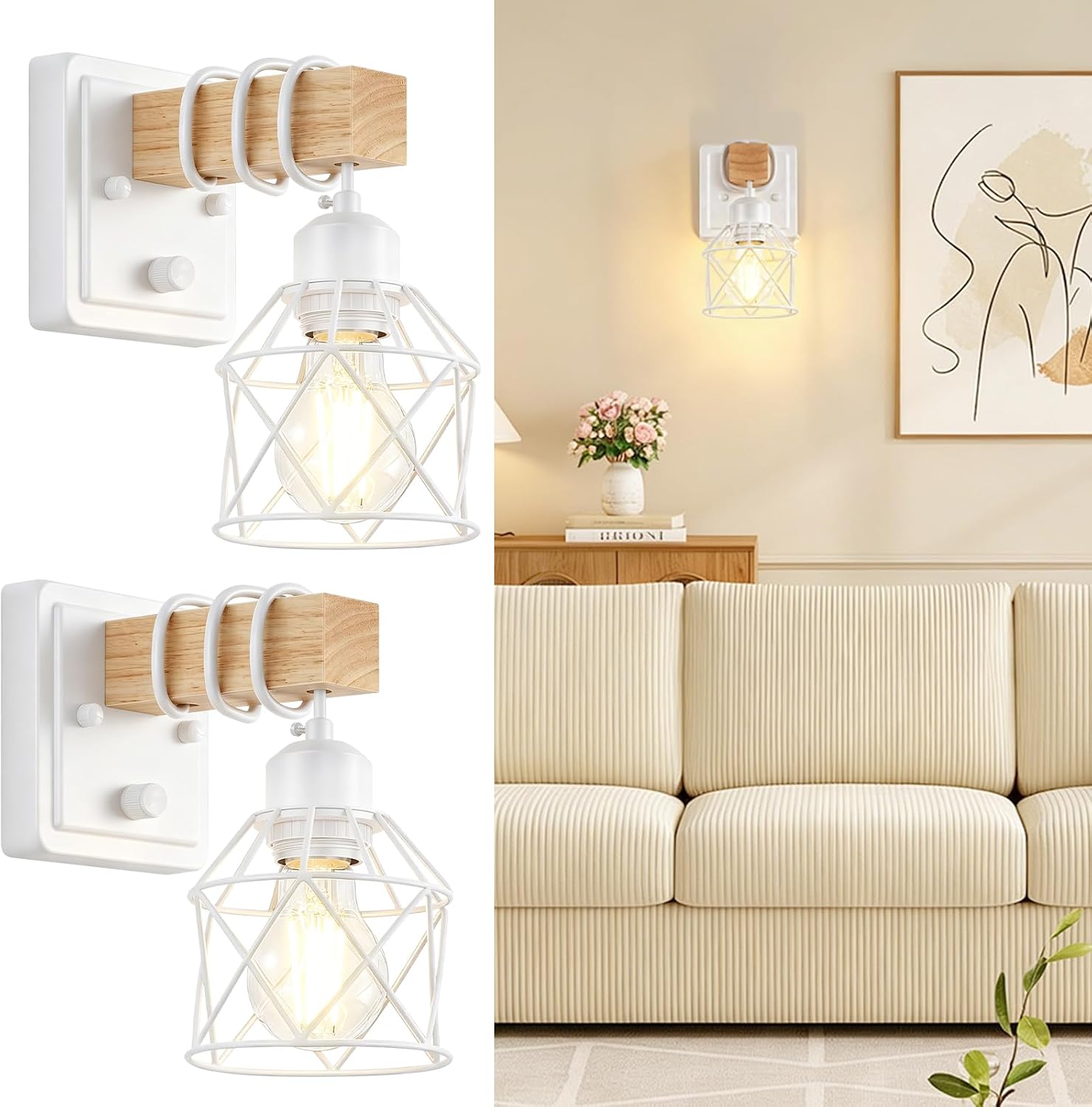 2 Pack Farmhouse Wood Arm White Dimmable Wall Sconces