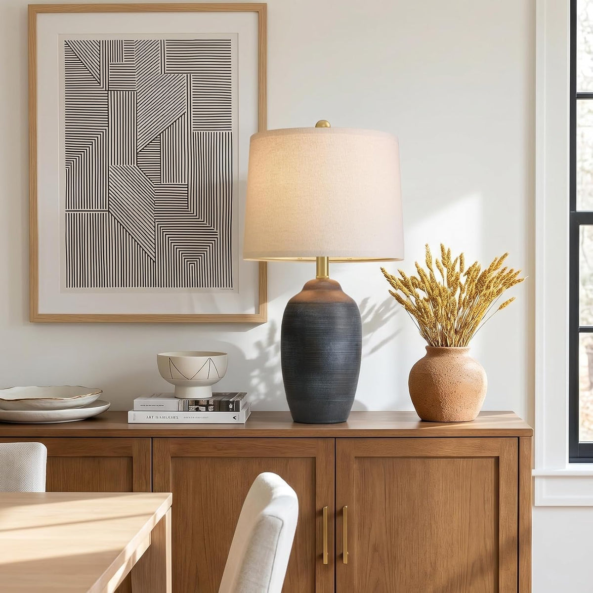 Black Textured Ceramic Boho Farmhouse Table Lamp