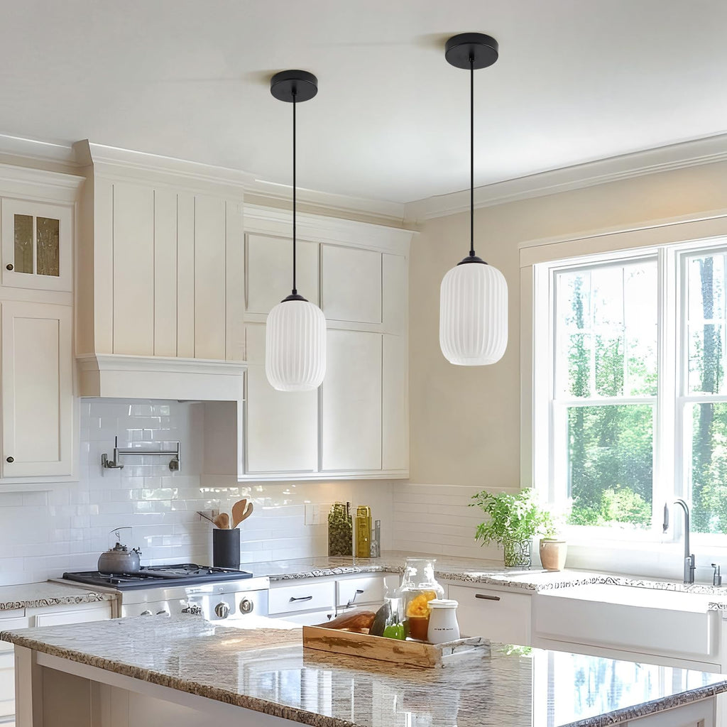 Black White Ribbed Glass Cylinder Pendant Light