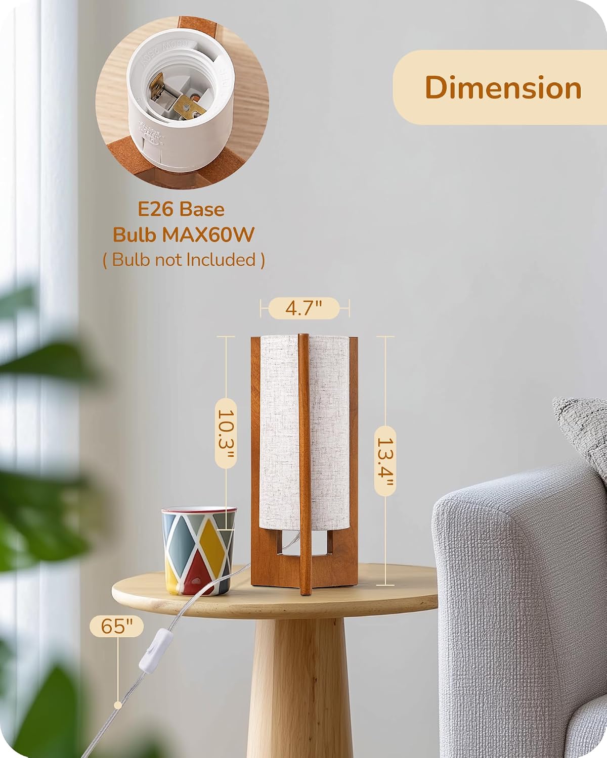 Walnut Cylinder Beige Linen Shade Small Table Lamp
