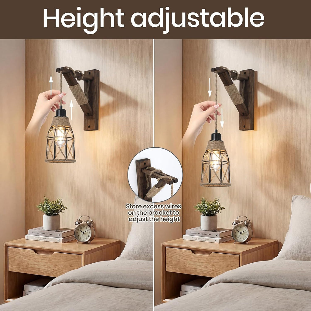 2 Pack Farmhouse Wood Bracket Metal Cage Wall Sconces