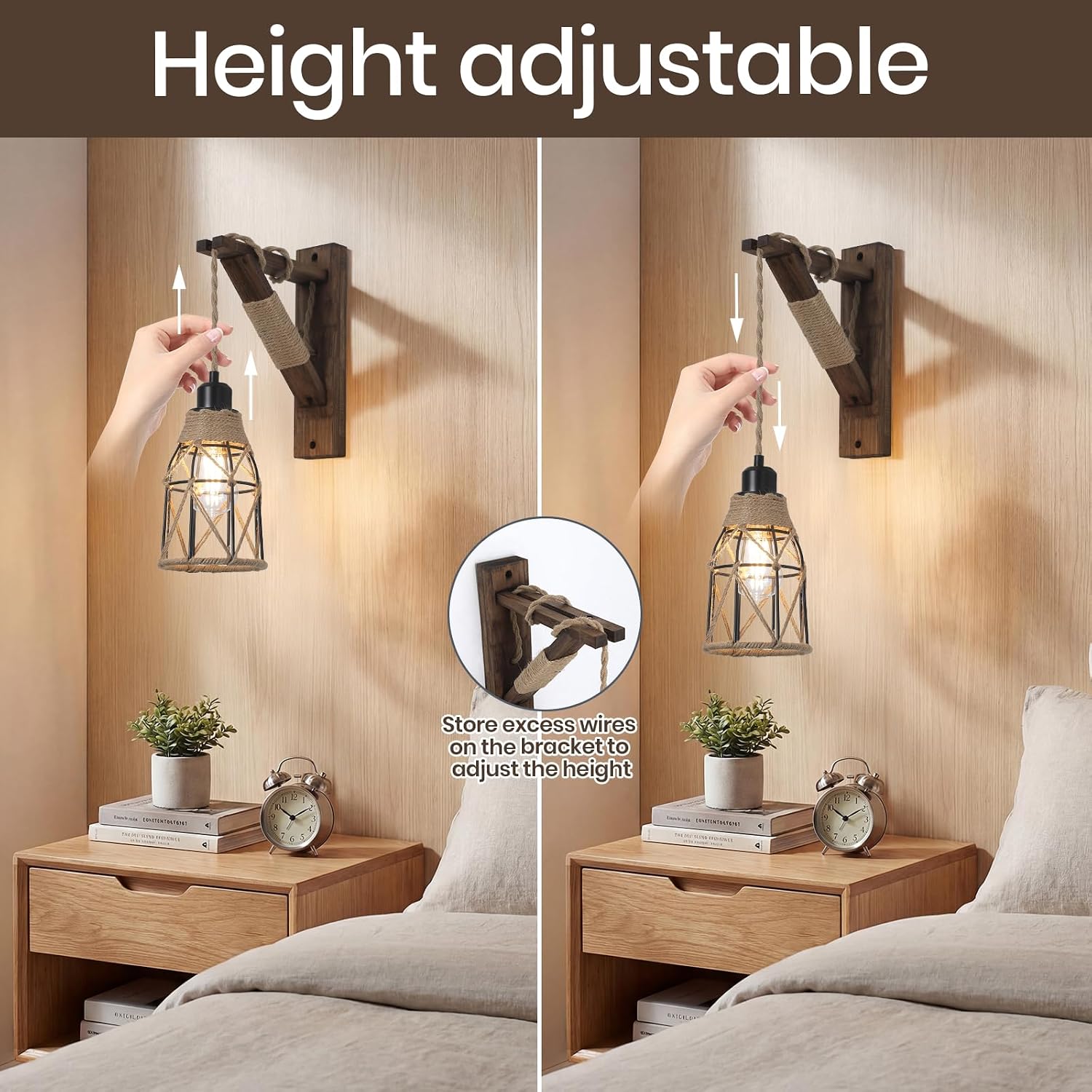 2 Pack Farmhouse Wood Bracket Metal Cage Wall Sconces