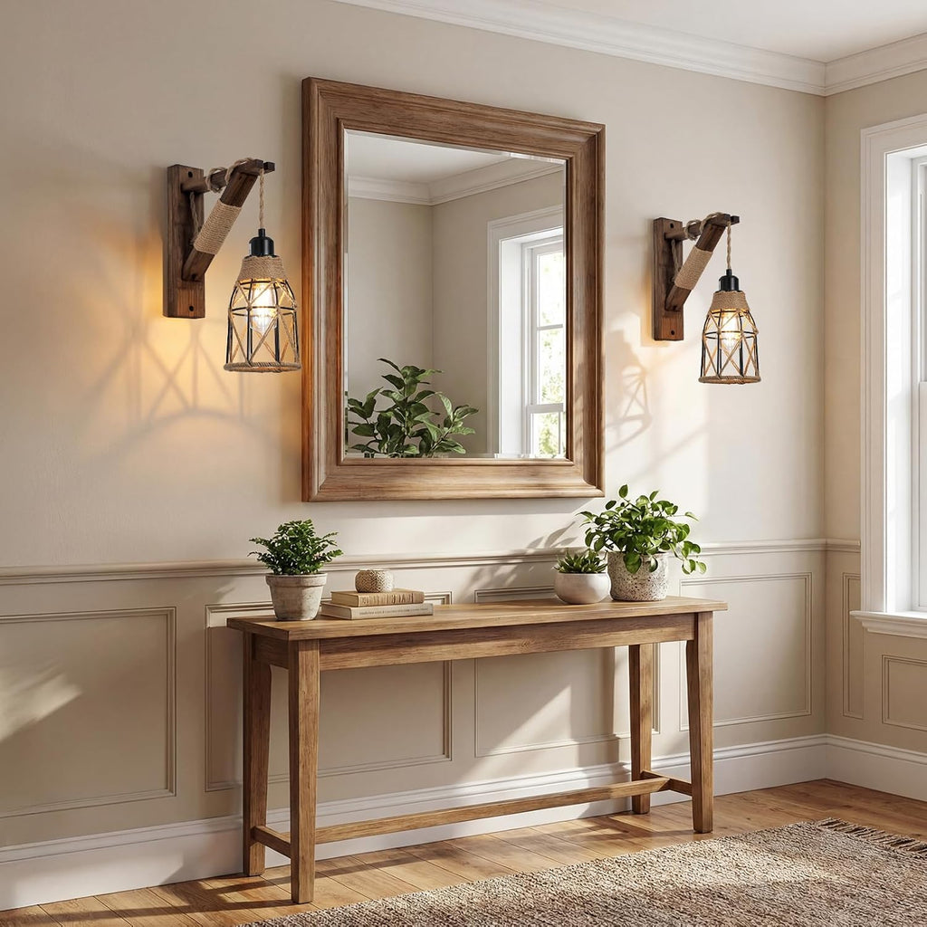2 Pack Farmhouse Wood Bracket Metal Cage Wall Sconces