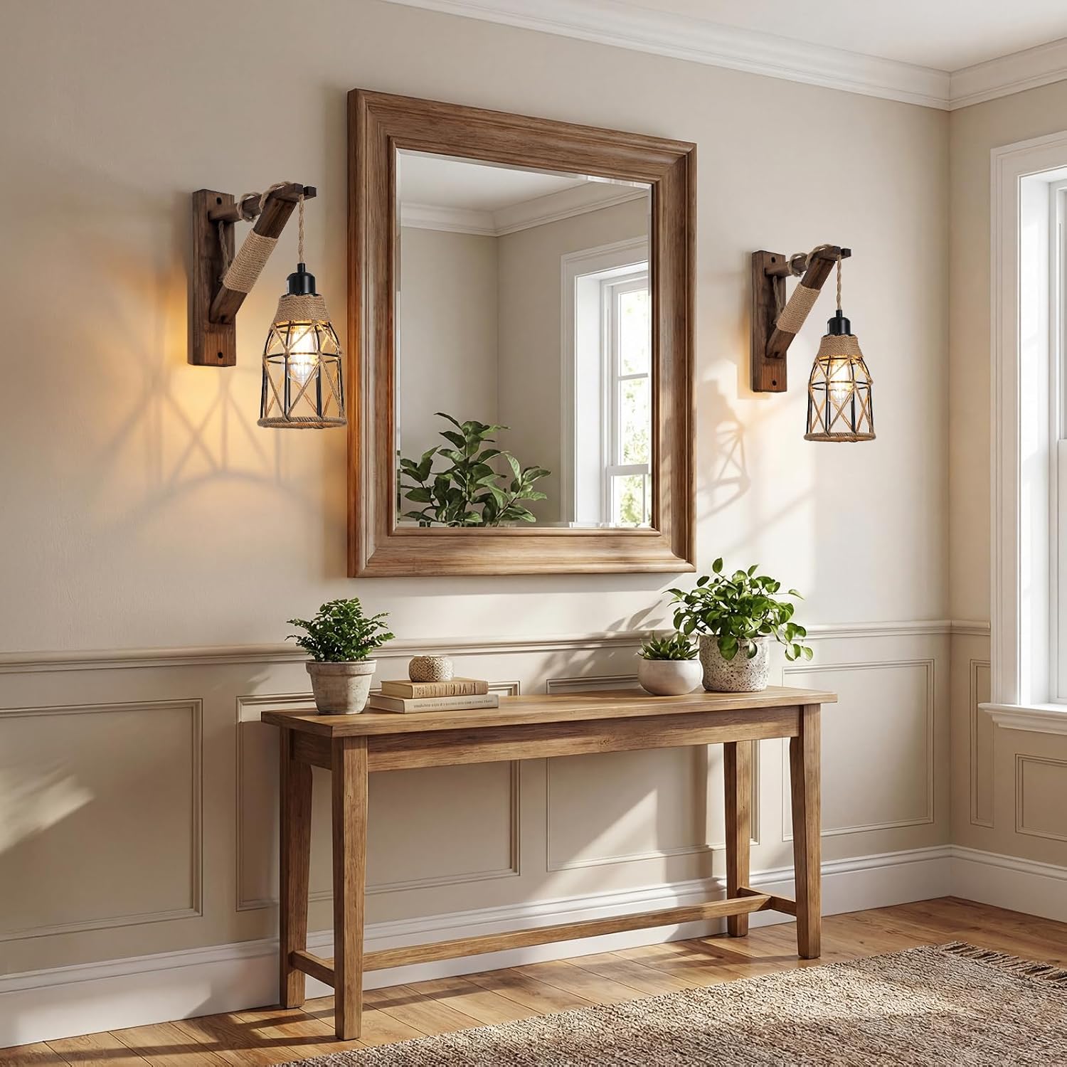 2 Pack Farmhouse Wood Bracket Metal Cage Wall Sconces