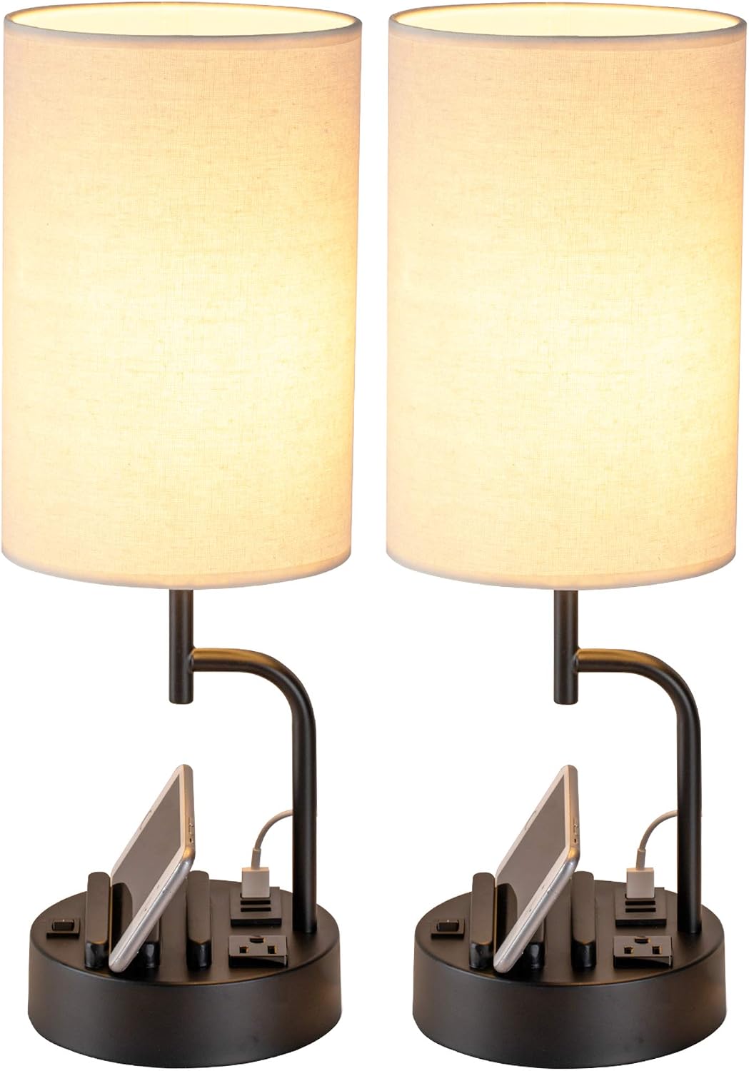 2 Pack Cream USB Charging Bedside Table Lamps