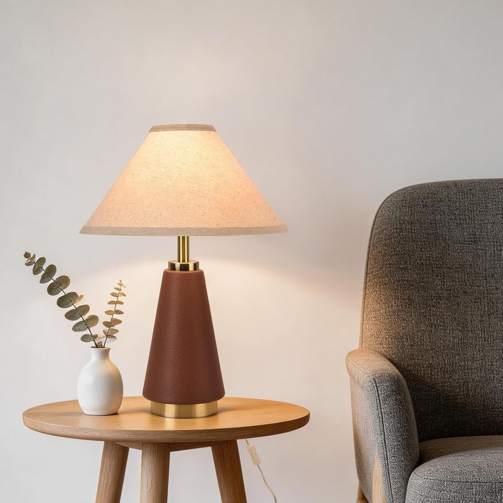 Brown PU Leather Farmhouse Beige Fabric Shade Table Lamp