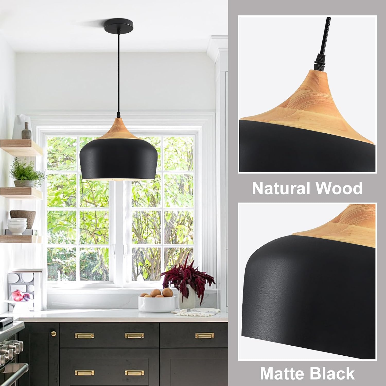 Black Wooden Dome Kitchen Pendant Light