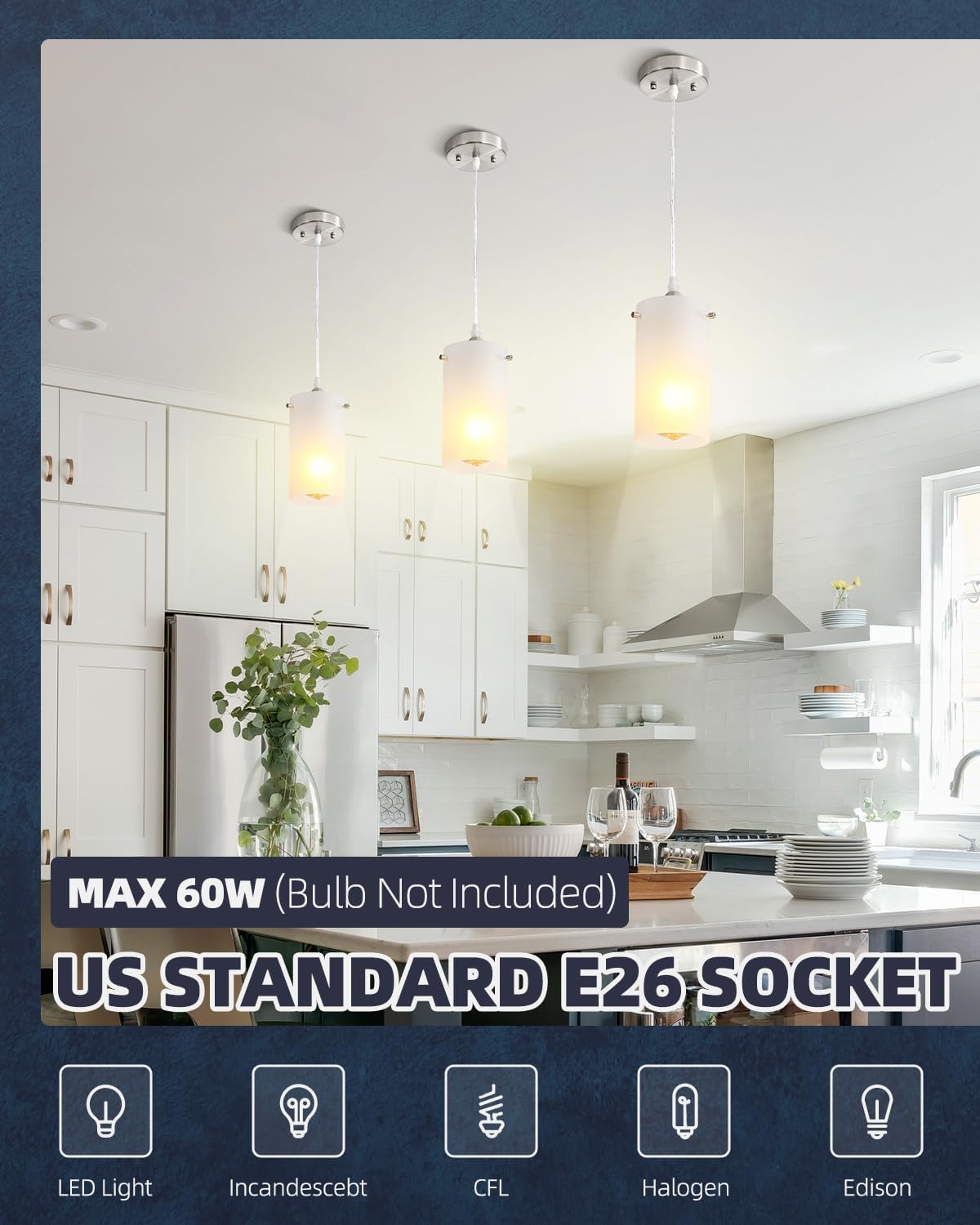 2 Pack Brushed Nickel Frosted Glass Mini Pendant Lights