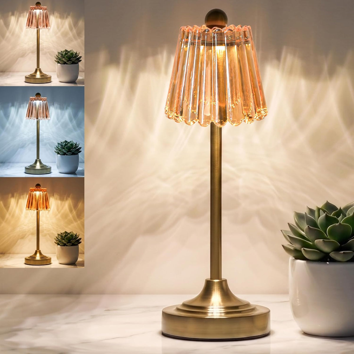 Green Glass Shade Cordless Touch Dimmable Table Lamp