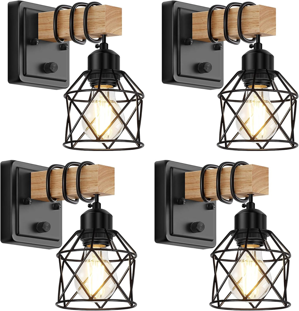4 Pack Farmhouse Wood Metal Cage Dimmable Wall Sconces