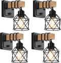 4 Pack Farmhouse Wood Metal Cage Dimmable Wall Sconces