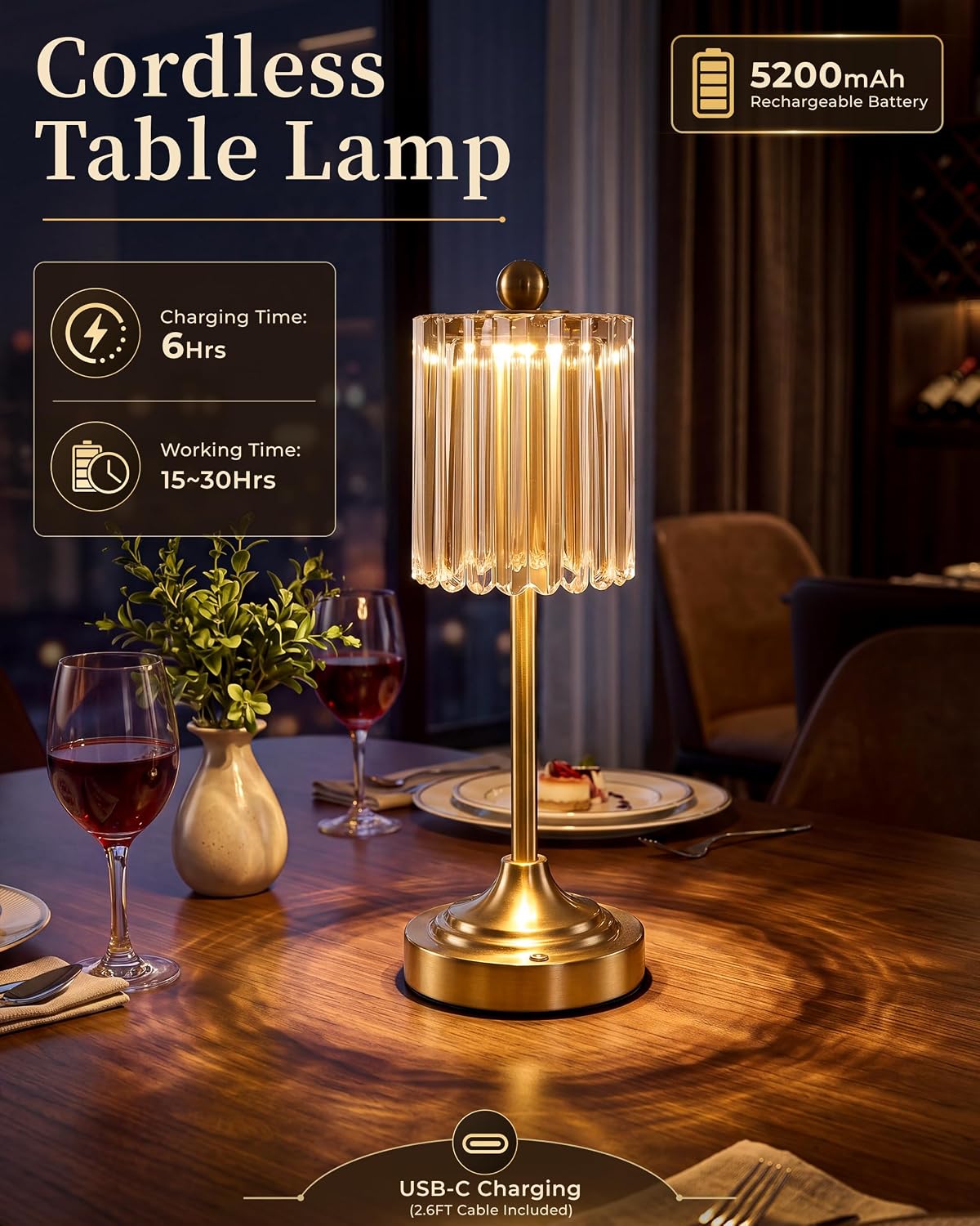 2 Pack Amber Ribbed Glass Cordless Touch Dimmable Table Lamps
