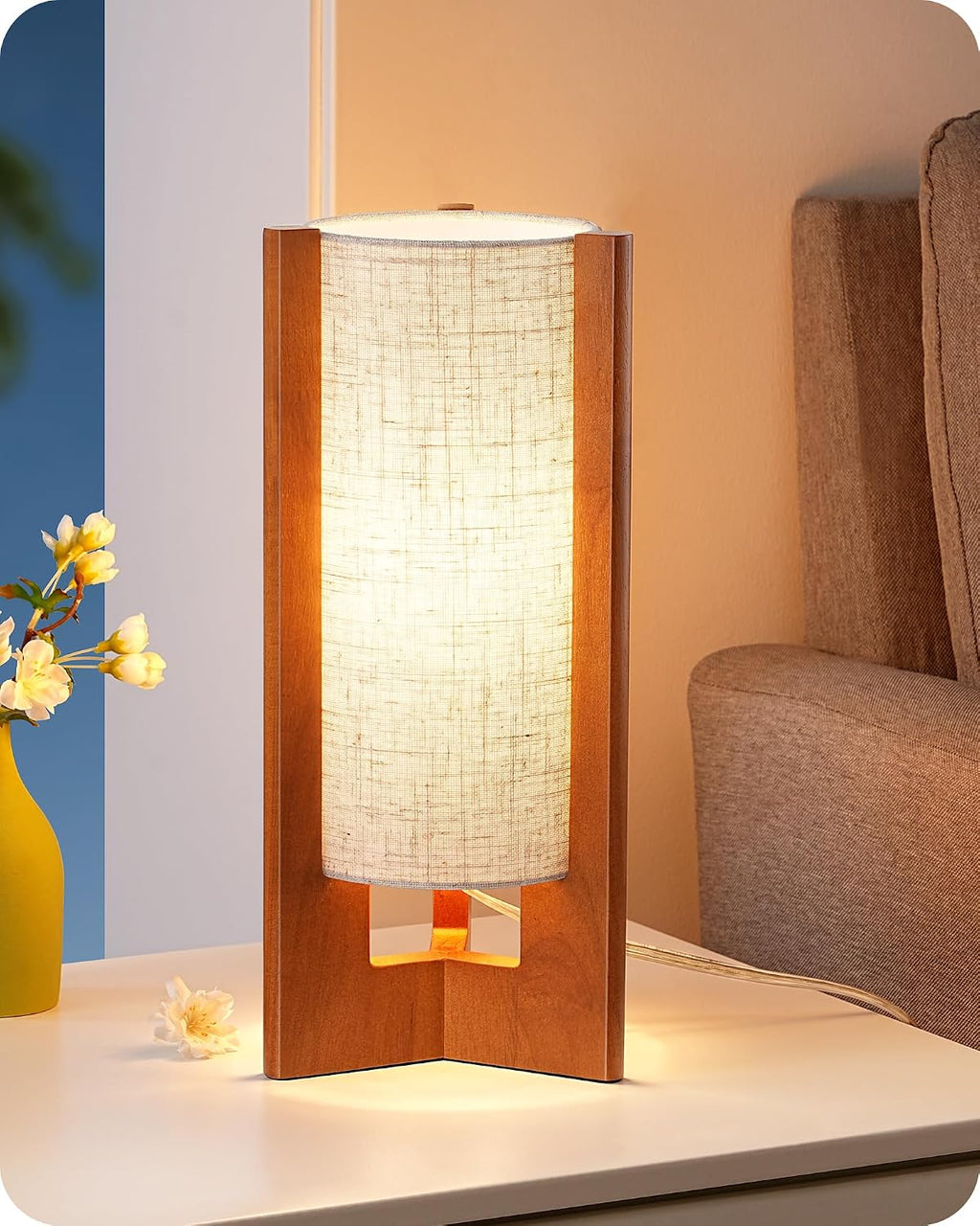 Walnut Cylinder Beige Linen Shade Small Table Lamp
