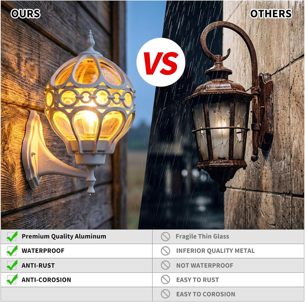 2 Pack White Globe Amber Glass Cage Outdoor Wall Sconces
