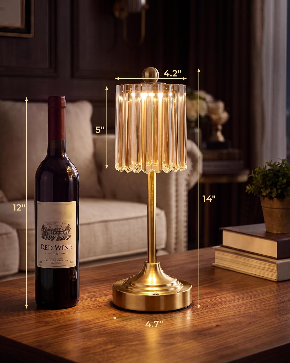 2 Pack Amber Ribbed Glass Cordless Touch Dimmable Table Lamps