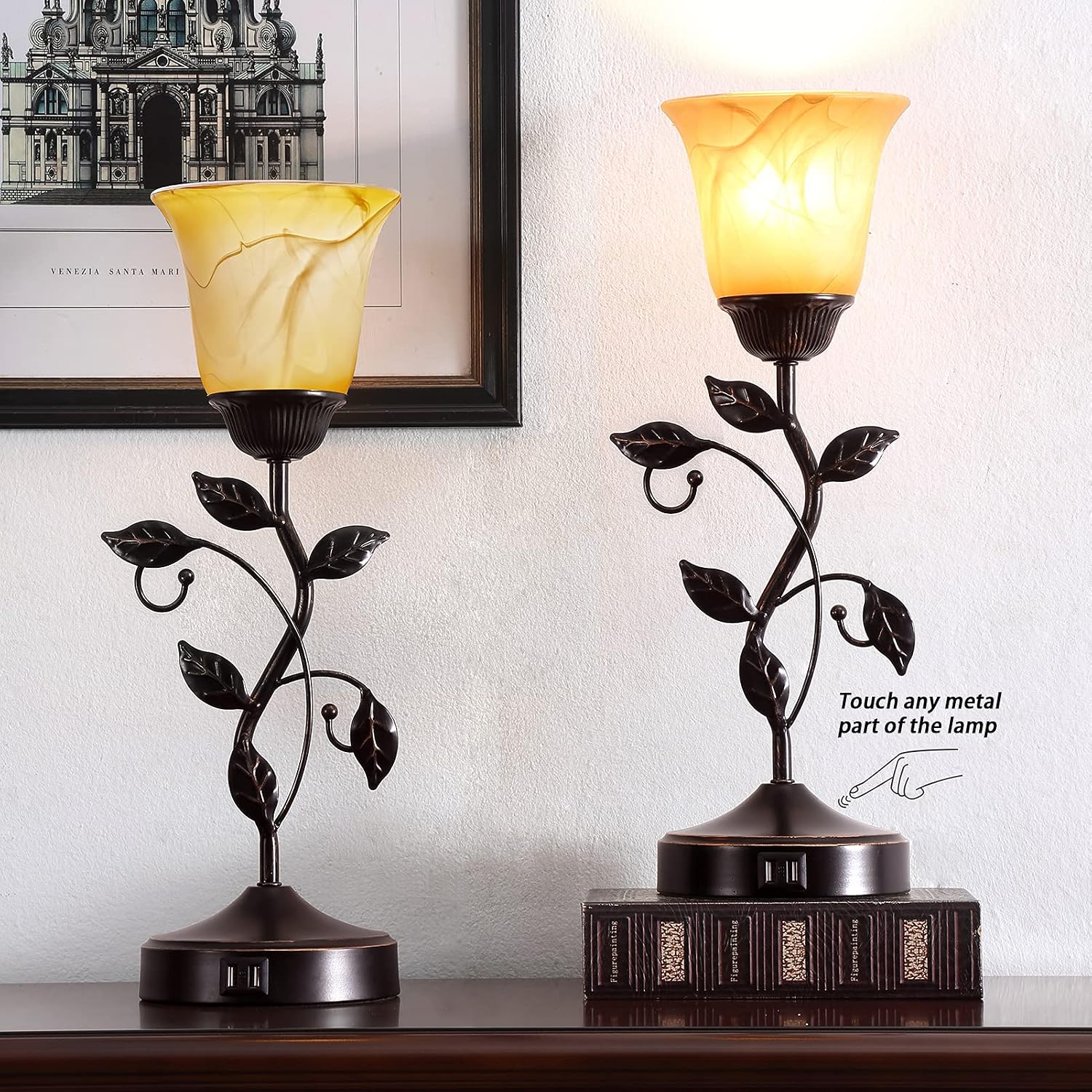 Bronze Leaf Amber Glass Touch Dimmable USB Table Lamp