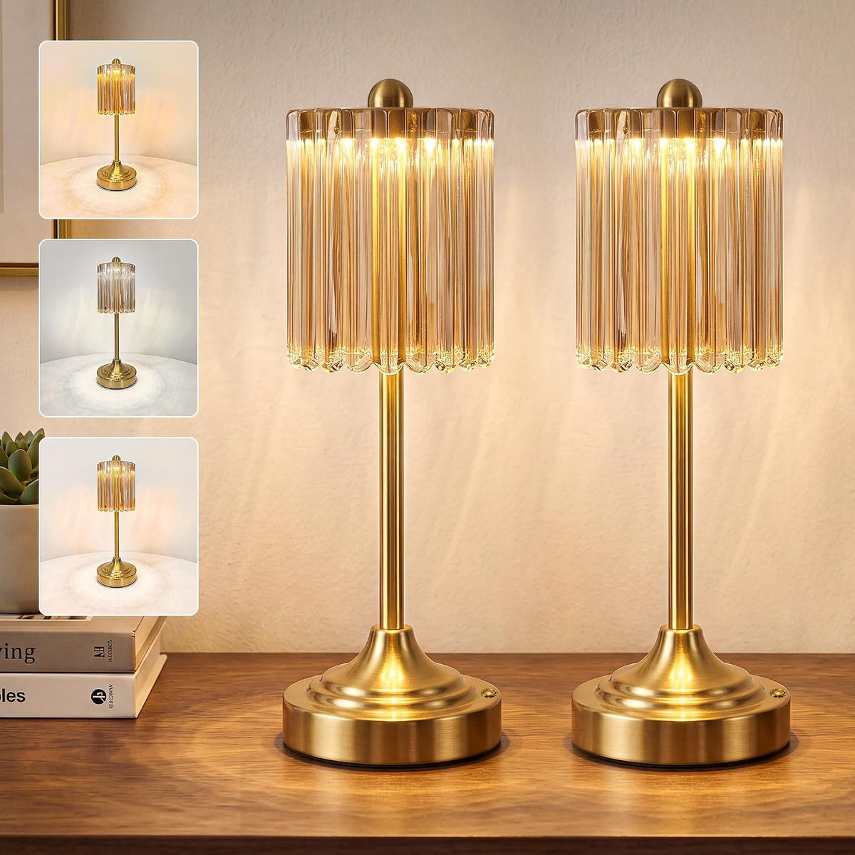 2 Pack Amber Ribbed Glass Cordless Touch Dimmable Table Lamps