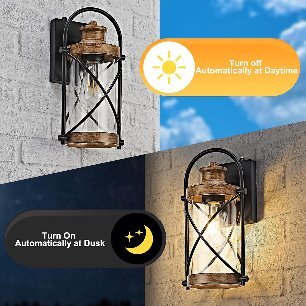 Vintage Wood Grain Cage Dusk to Dawn Outdoor Wall Lantern
